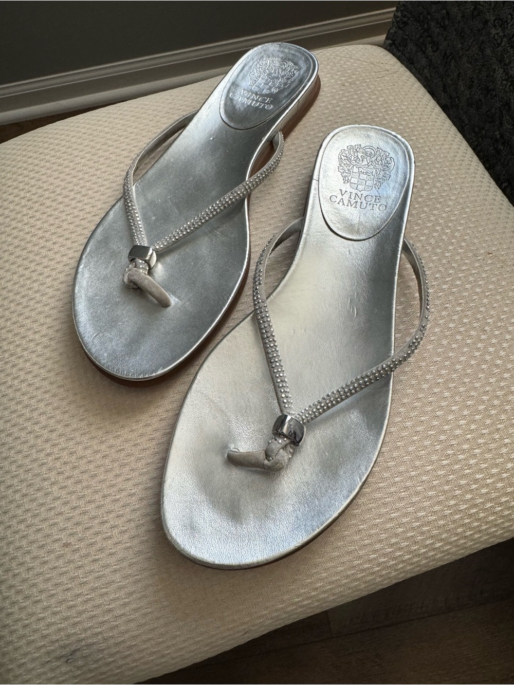 Vince Camuto Silver Metallic Rhinestone Thong Sandals - women’s sandals